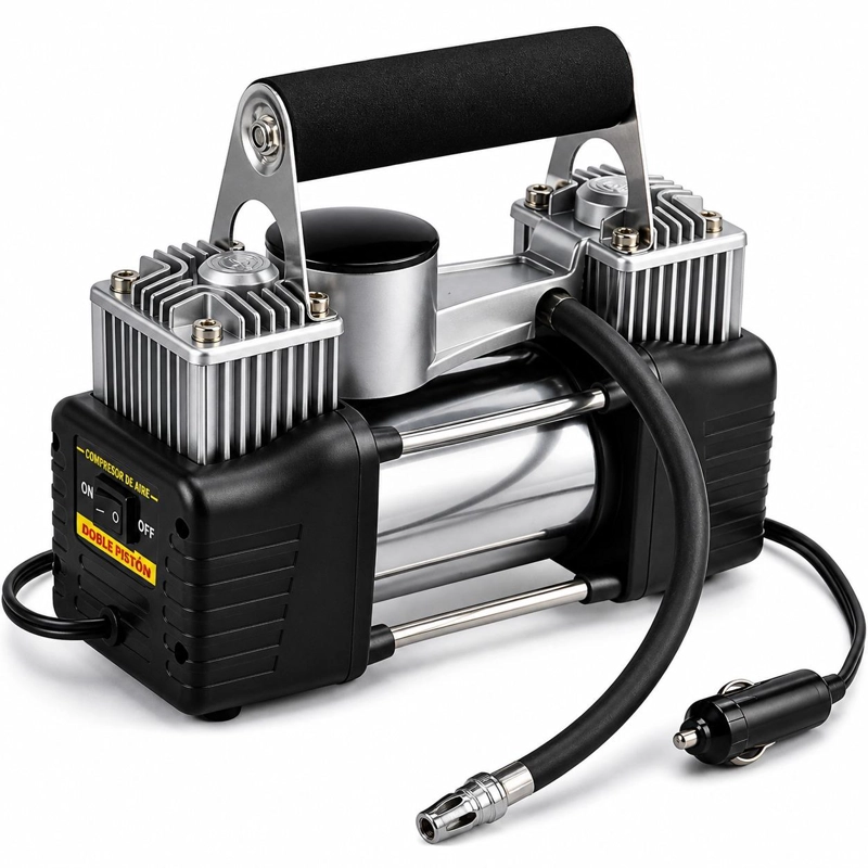 COMPRESOR DE AIRE TECNOLAB PARA AUTOS 12V DOBLE CILINDRO 150 PSI MAX - 1