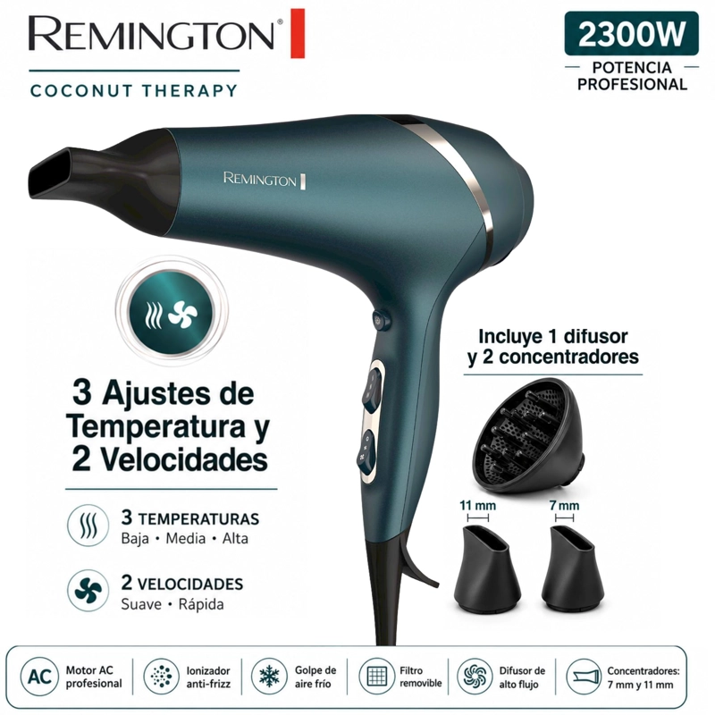 SECADOR DE CABELLO REMINGTON D11A 2300 W COCONUT THERAPY IONIZADOR PREMIUM - 6