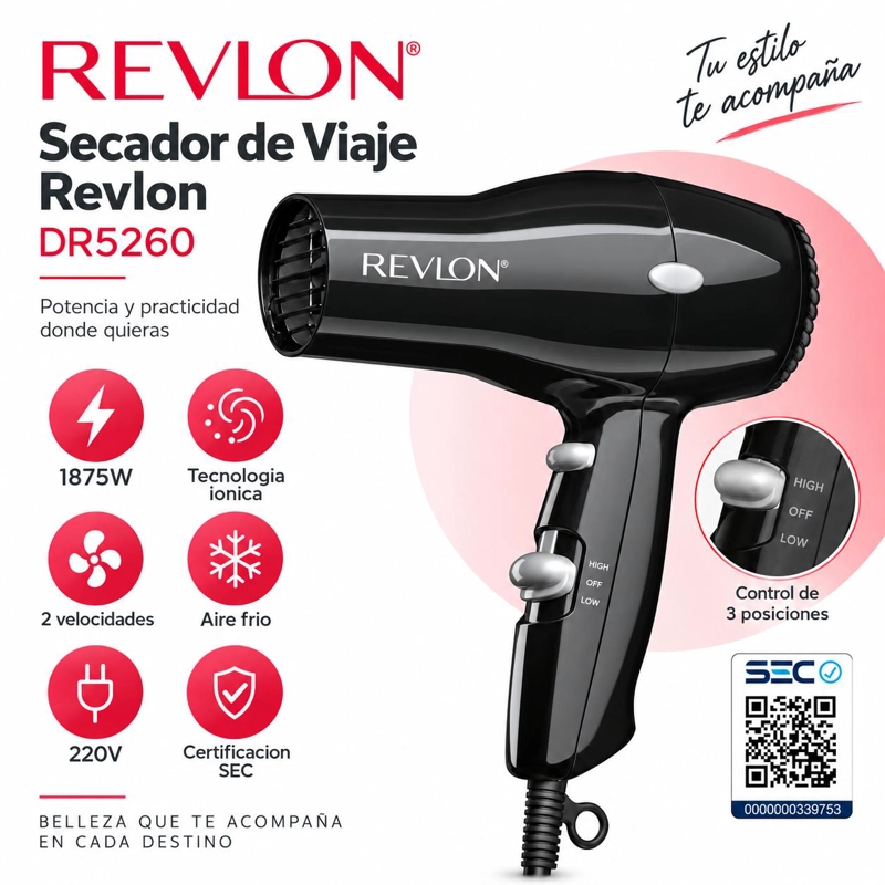 SECADOR DE CABELLO REVLON DR5260N 1885 W VIAJES DR5260 NEGRO IONIZADO - 8