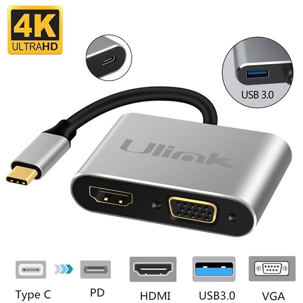 HUB ADAPTADOR 4 EN 1 TYPE-C A HDMI 4K + VGA + USB 3.0+ USB C - 5