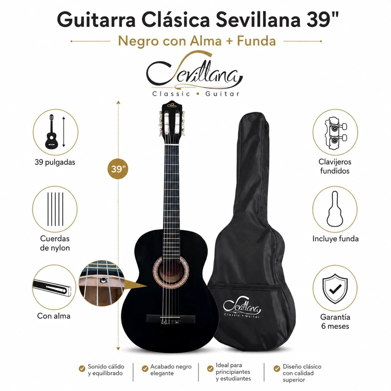 GUITARRA CLASICA SEVILLANA 39” NEGRO CON ALMA + FUNDA 8448 - 6