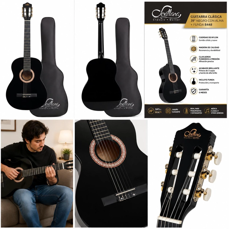 GUITARRA CLASICA SEVILLANA 39” NEGRO CON ALMA + FUNDA 8448 - 9