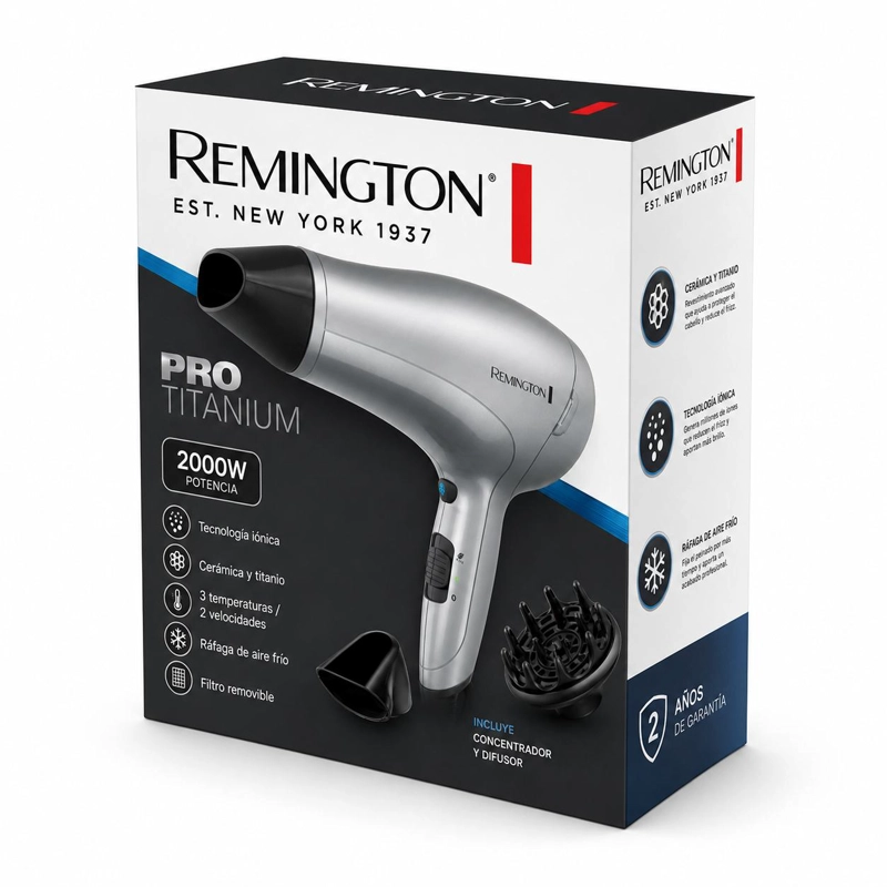 SECADOR DE CABELLO REMINGTON D3019 2000 W TITANIUM + IONIZADOR - 2