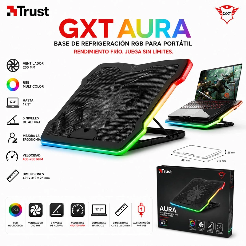 VENTILADOR PARA NOTEBOOK TRUST GXT AURA RGB 17.3” AJUSTABLE - 8