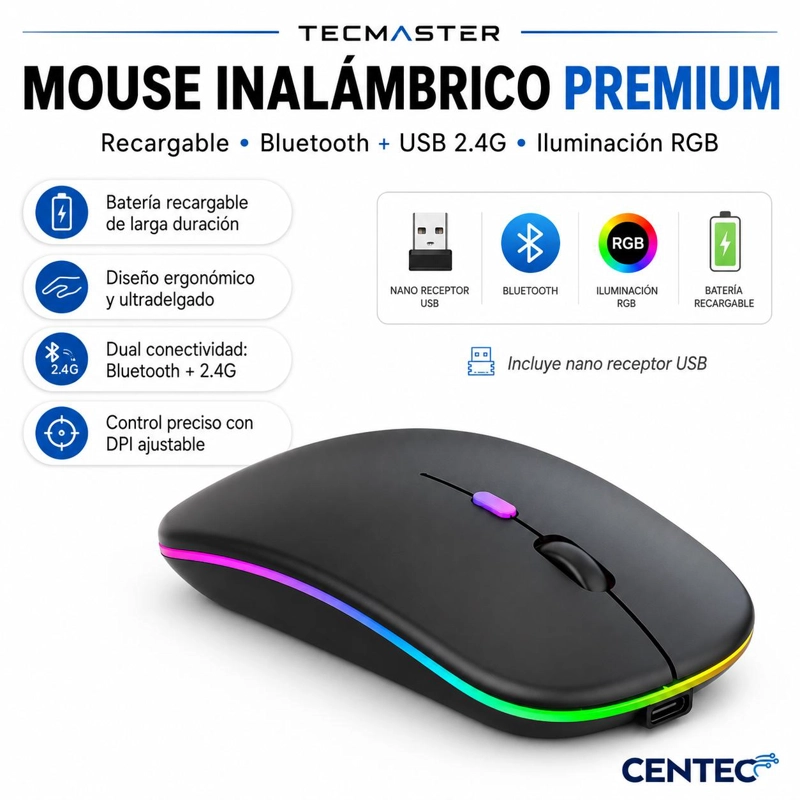 MOUSE INALÁMBRICO TECMASTER DUAL BLUETOOTH + USB 2G RECARGABLE RGB BK 100516-BLACK - 6
