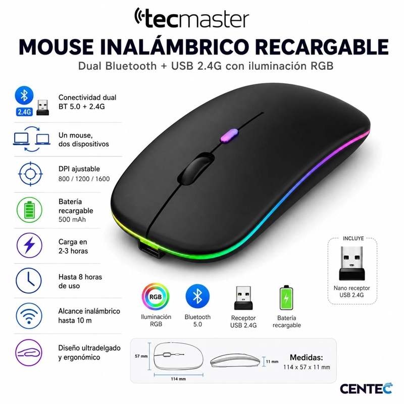 MOUSE INALÁMBRICO TECMASTER DUAL BLUETOOTH + USB 2G RECARGABLE RGB BK 100516-BLACK - 7