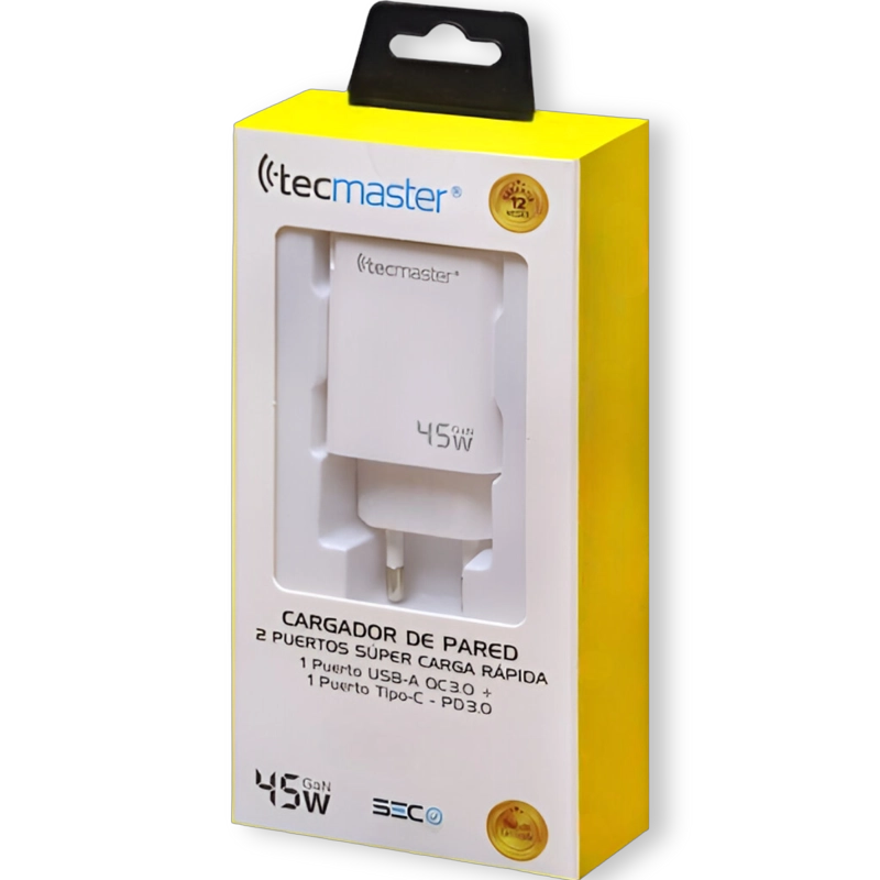 CARGADOR PARED 45W GAN PD TYPE-C + USB TECMASTER SEC 200540 - 9