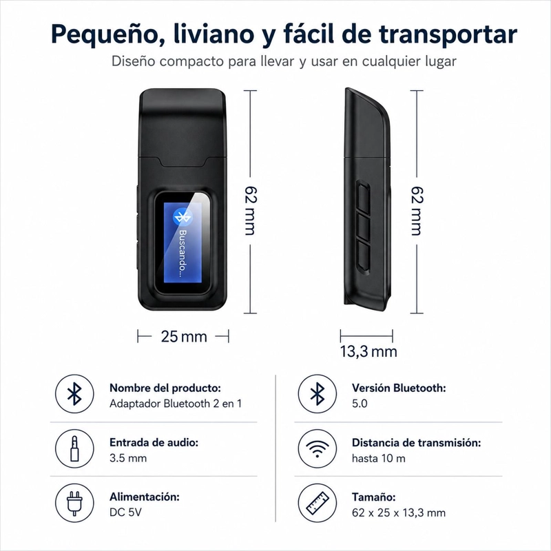 TRANSMISOR Y RECEPTOR BLUETOOTH TECNOLAB DE AUDIO Y DATOS RX - TX BT 5.0 PANTALLA LCD - 3