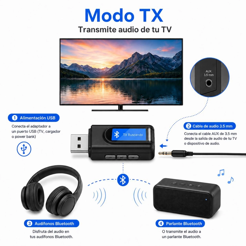TRANSMISOR Y RECEPTOR BLUETOOTH TECNOLAB DE AUDIO Y DATOS RX - TX BT 5.0 PANTALLA LCD - 5