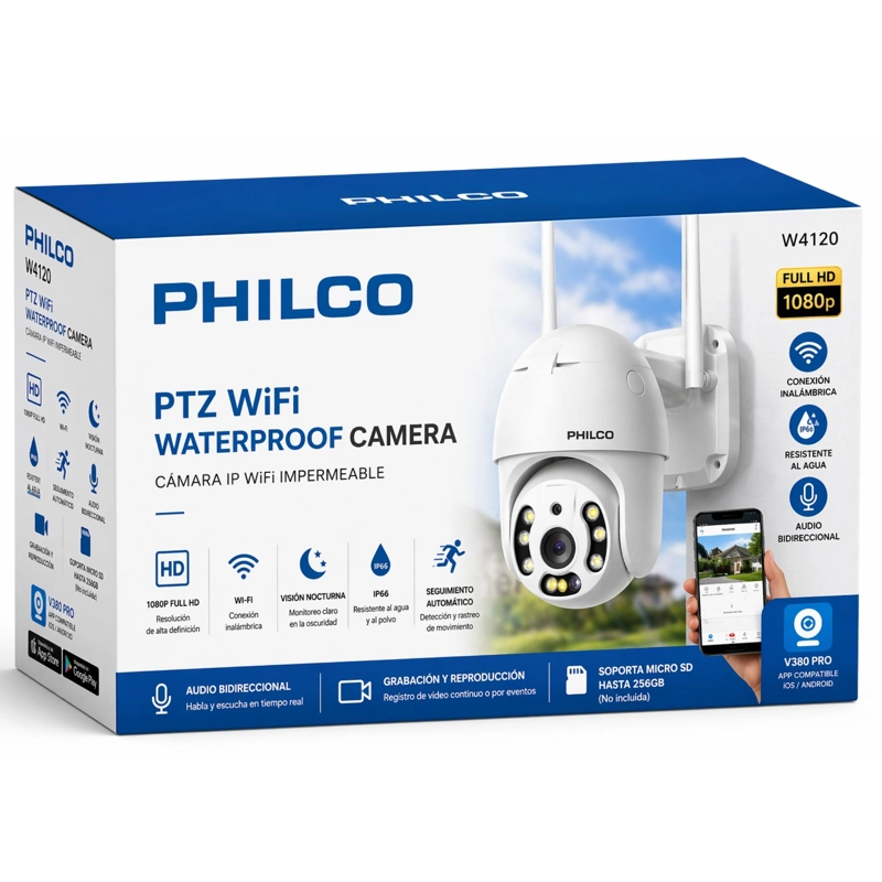CÁMARA PHILCO SEGURIDAD ROBÓTICA 1080P PTZ WIFI WATERPROOF IP66 W4120 - 9
