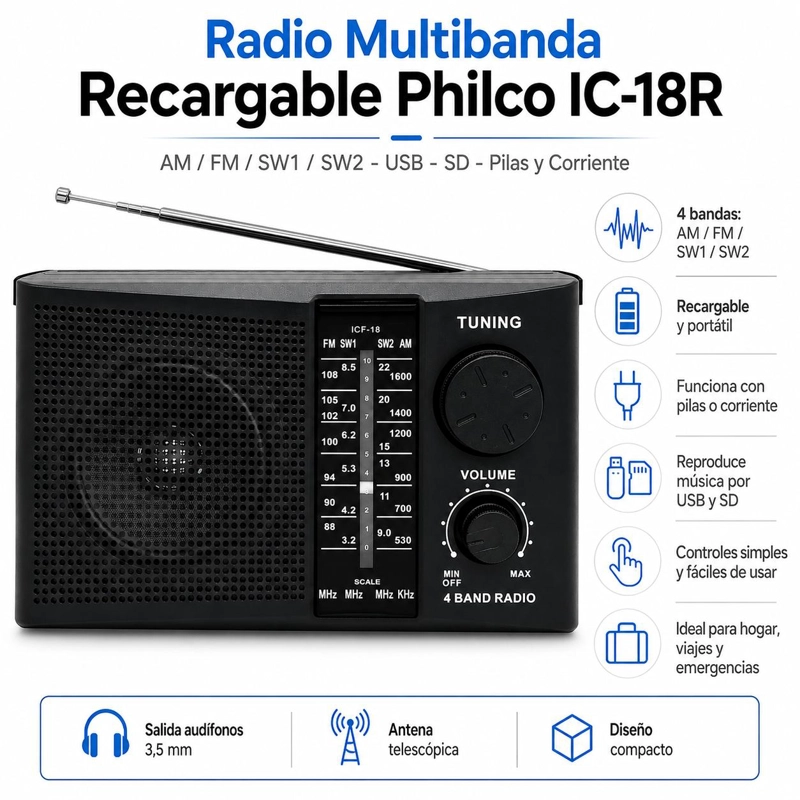 RADIO PHILCO 18R AM / FM MULTIBANDAS RECARGABLE A PILAS Y CORRIENTE - 6