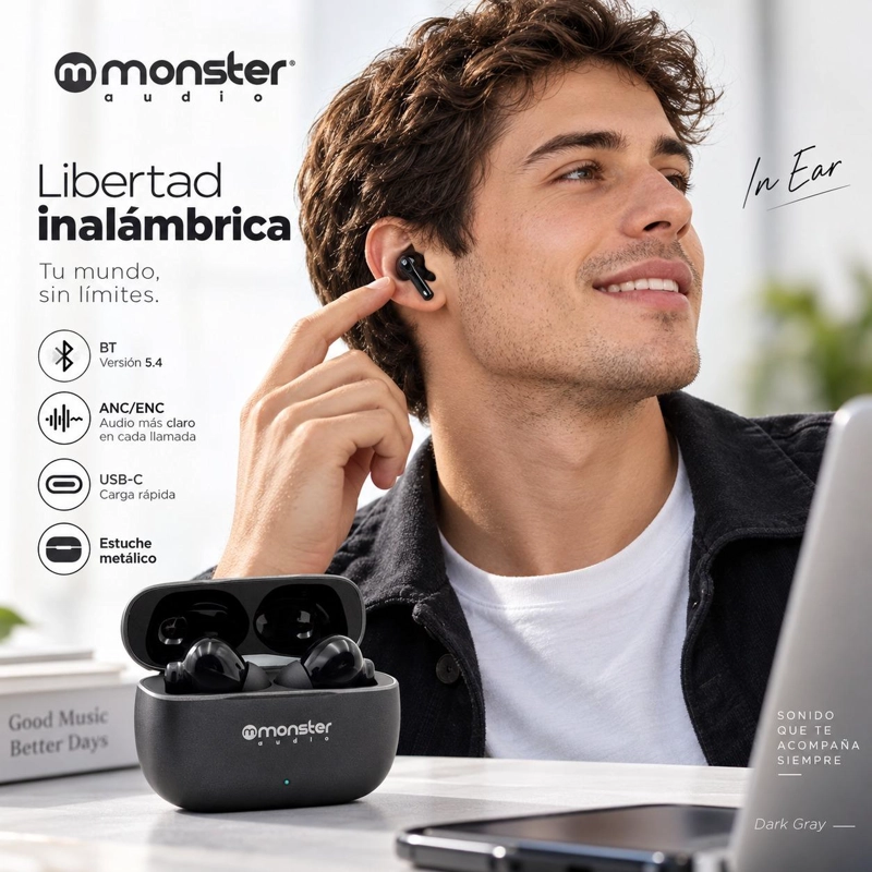 AUDÍFONOS MONSTER AUDIO TRUE WIRELESS MTW9 BLUETOOTH NEGRO - 6