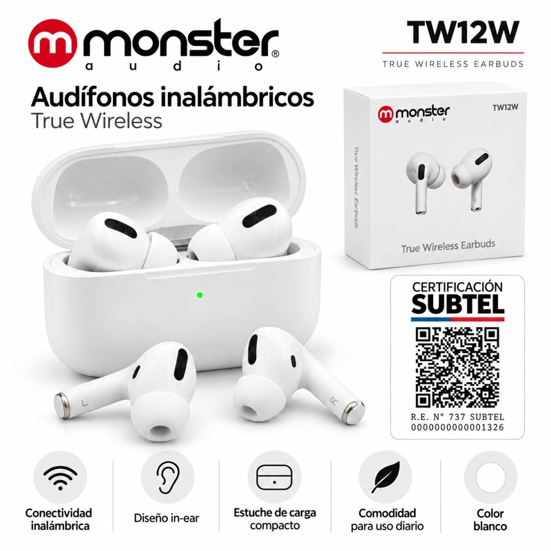 AUDÍFONOS MONSTER AUDIO TRUE WIRELESS MTW9WH BLUETOOTH BLANCO - 5