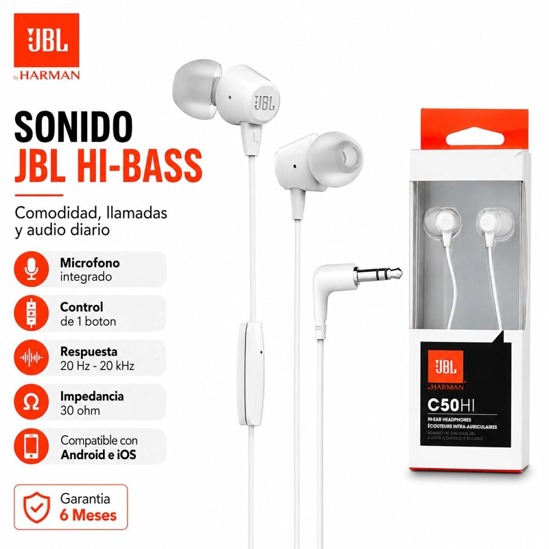AUDÍFONOS JBL IN EAR MANOS LIBRES C50HI HARMAN BASS BLANCO - 5