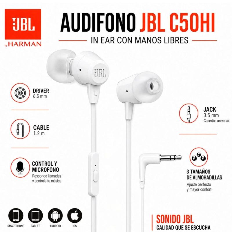 AUDÍFONOS JBL IN EAR MANOS LIBRES C50HI HARMAN BASS BLANCO - 6