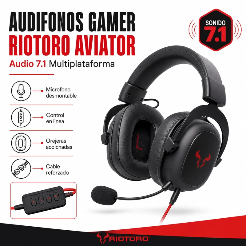 AUDÍFONOS GAMER RIOTORO HEADSET RIOTOROAVIATOR MULTIPLATAFORMA AUDIO PRO 7.1 - 8