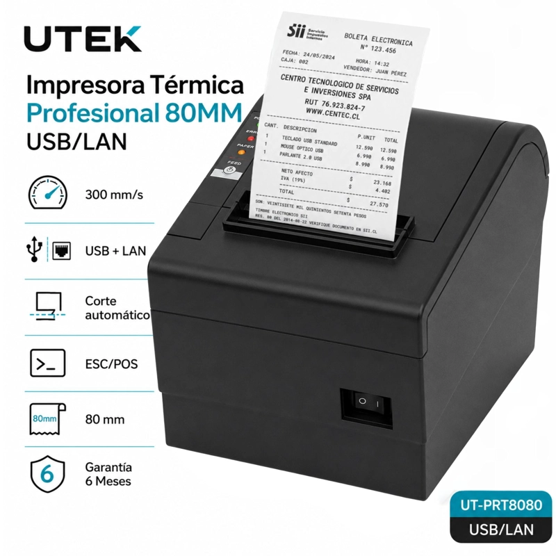 IMPRESORA UTEK UT-PRT8080 TÉRMICA PROFESIONAL 80MM USB LAN - 6