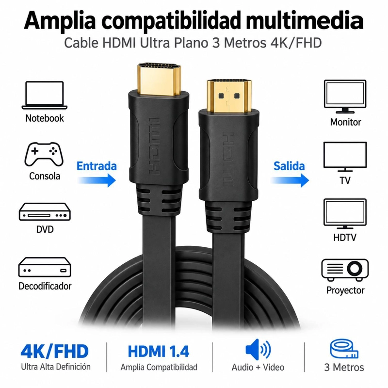 CABLE ALÁMBRICO DBLUE HDMI PLANO 3 METROS CON COMPATIBILIDAD 4K/FHD FT30 - 5
