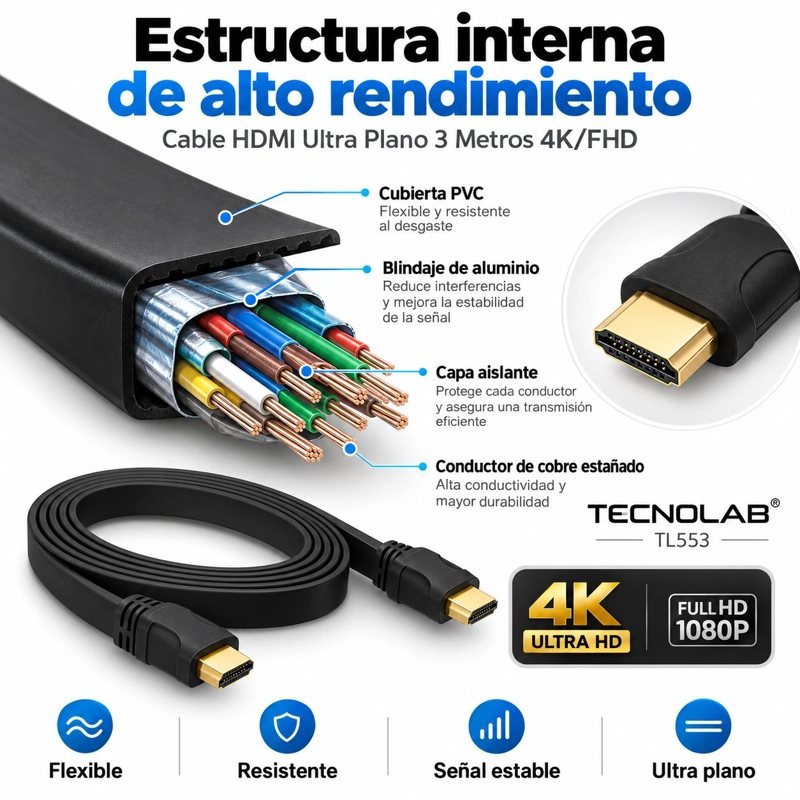 CABLE ALÁMBRICO DBLUE HDMI PLANO 3 METROS CON COMPATIBILIDAD 4K/FHD FT30 - 6
