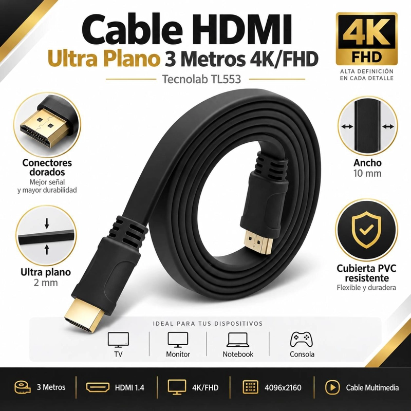 CABLE ALÁMBRICO DBLUE HDMI PLANO 3 METROS CON COMPATIBILIDAD 4K/FHD FT30 - 7