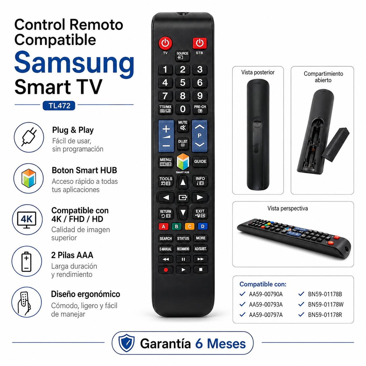 CONTROL REMOTO PARA SAMSUNG SMART TV ULTIMA GENERACION TL472 - 6
