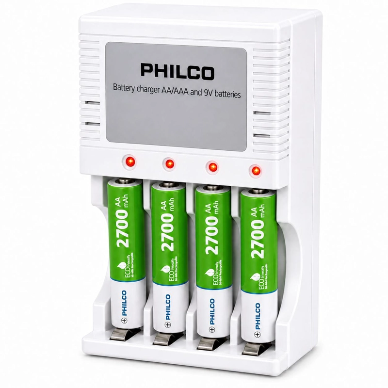 CARGADOR DE PILAS 2PLC9854F + 4 PILAS AA 2700 MAH PRE CARGADAS PHILCO - 2