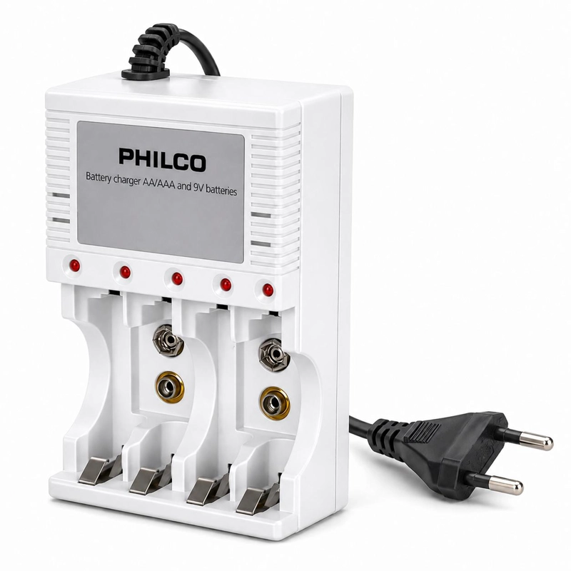 CARGADOR DE PILAS 2PLC9854F + 4 PILAS AA 2700 MAH PRE CARGADAS PHILCO - 3
