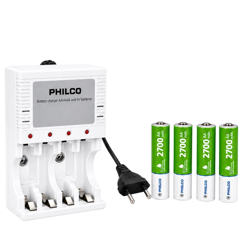CARGADOR DE PILAS 2PLC9854F + 4 PILAS AA 2700 MAH PRE CARGADAS PHILCO - 4