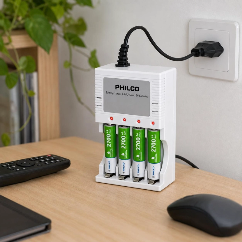 CARGADOR DE PILAS 2PLC9854F + 4 PILAS AA 2700 MAH PRE CARGADAS PHILCO - 5