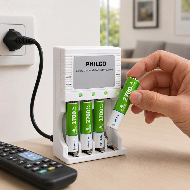 CARGADOR DE PILAS 2PLC9854F + 4 PILAS AA 2700 MAH PRE CARGADAS PHILCO - 6