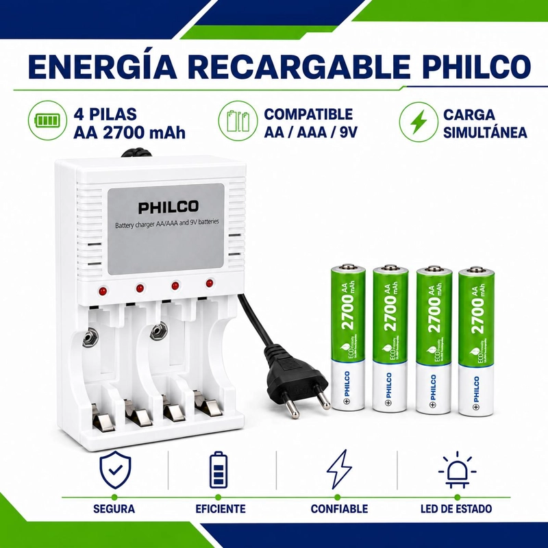 CARGADOR DE PILAS 2PLC9854F + 4 PILAS AA 2700 MAH PRE CARGADAS PHILCO - 7