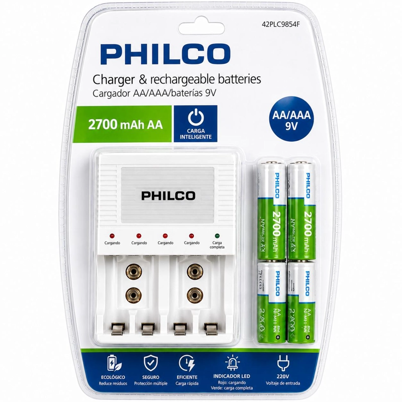 CARGADOR DE PILAS 2PLC9854F + 4 PILAS AA 2700 MAH PRE CARGADAS PHILCO - 8