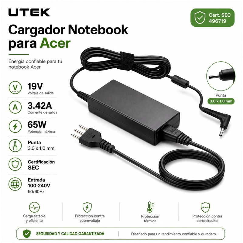 CARGADOR NOTEBOOK PARA ACER 19V 3.42A 65W 3.0*1.0MM SEC - 5