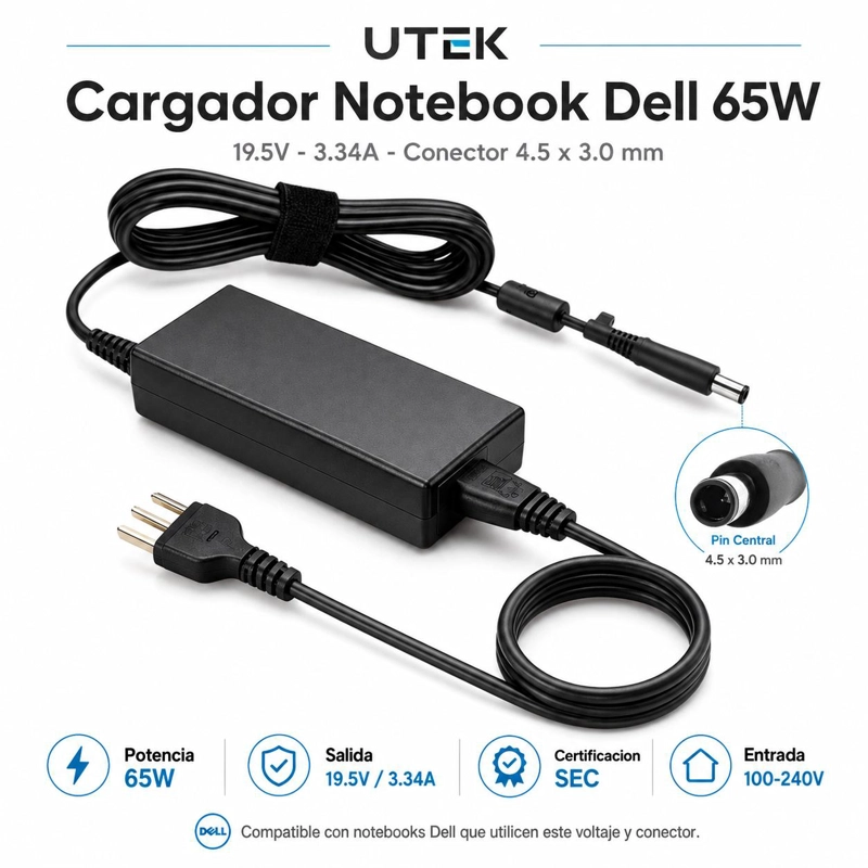 CARGADOR NOTEBOOK UTEK PARA DELL 19.5V 3.34A 65W4.5*3.0M CERT SEC - 6
