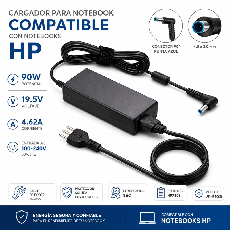 CARGADOR NOTEBOOK UTEK PARA HP 19.5V 4.62A P.AZUL 4.5*3MM 90W SEC - 5