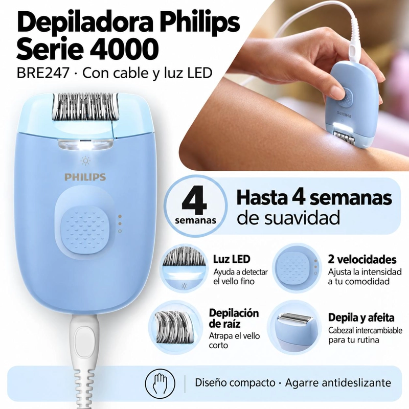 DEPILADORA PHILIPS SERIE 4000 BRE247 ALAMBRICA CON LUZ LED - 3