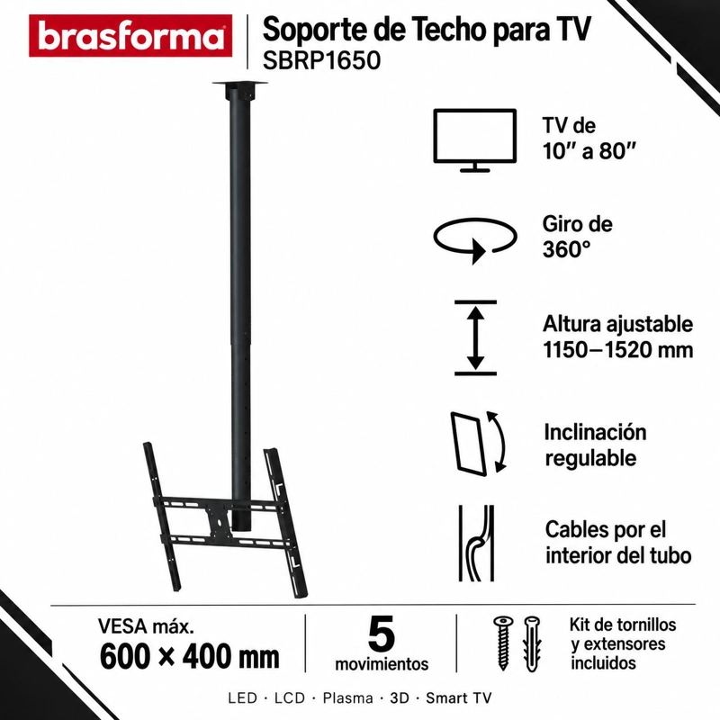 SOPORTE DE TV PARA TECHO GIRATORIO AJUSTABLE 80' MAX - 7