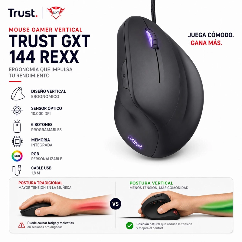 MOUSE GAMER VERTICAL TRUST GXT 144 REXX 10000 DPI ERGONOMICO - 8