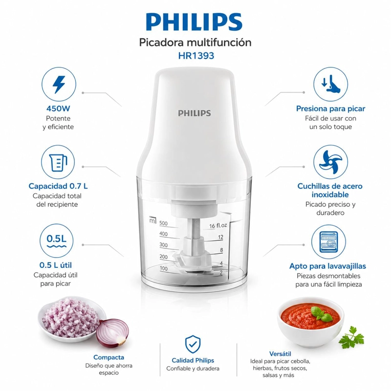 PICADORA PHILIPS HR1393 220V MULTIFUNCIONAL 700ML 450W INOX - 7