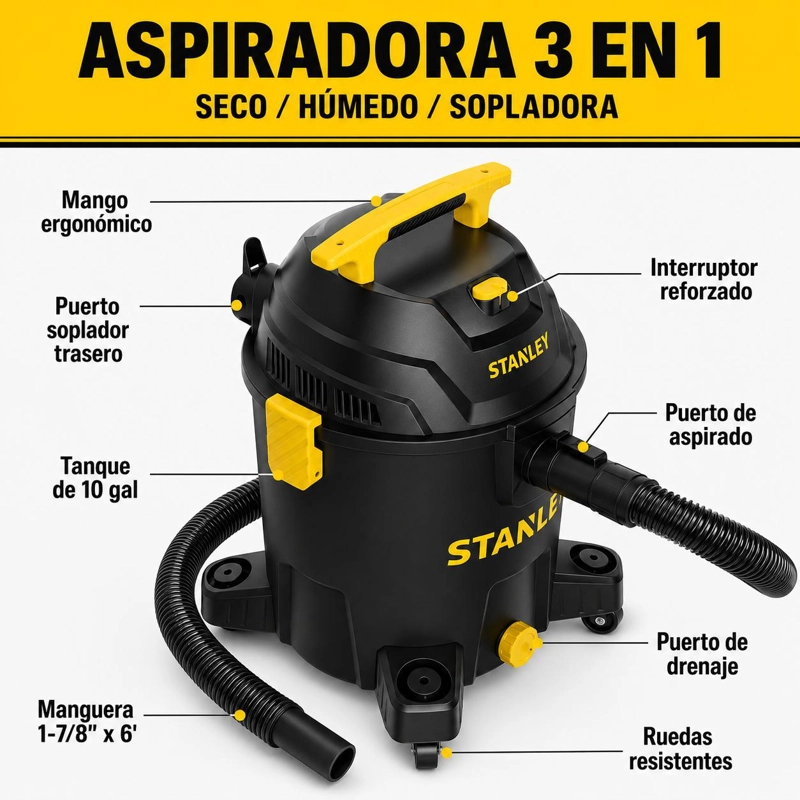 ASPIRADORA STANLEY 5HP FUNCION SECO & HUMEDO 30L 19117 BLACK - 3
