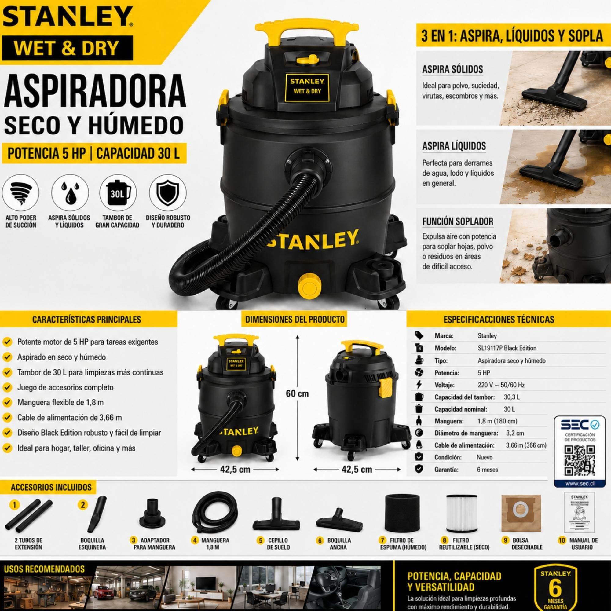 ASPIRADORA STANLEY 5HP FUNCION SECO & HUMEDO 30L 19117 BLACK - 6