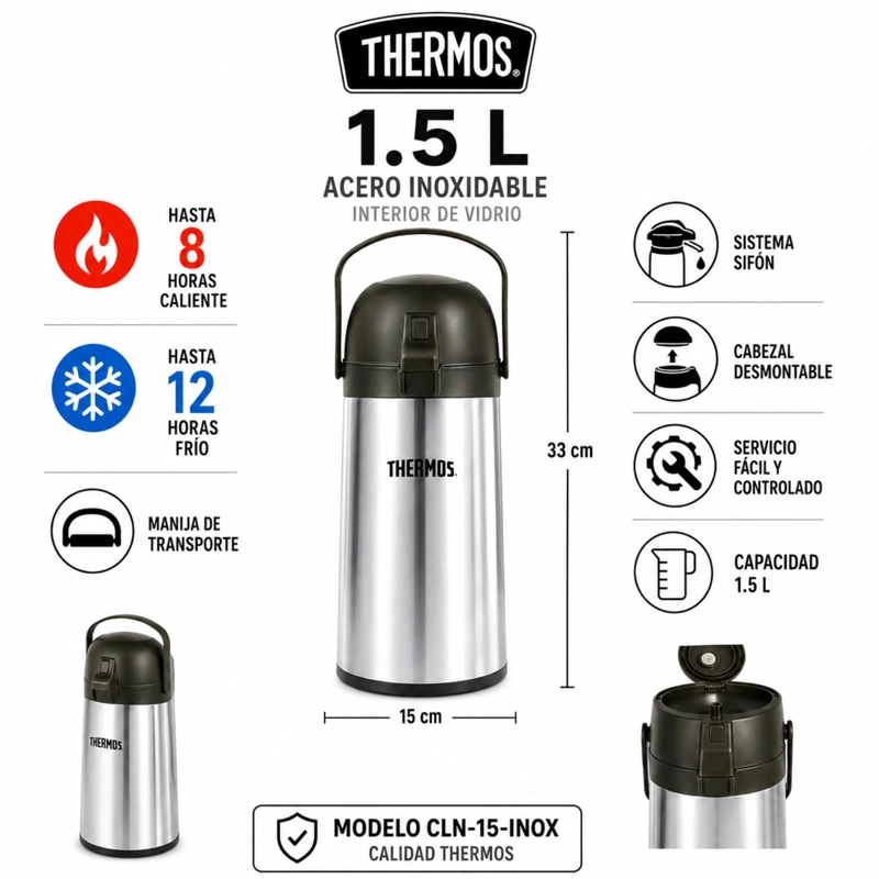 TERMO DE ACERO INOXIDABLE CON SIFON 1.5L THERMOS CLN-15-INOX - 7
