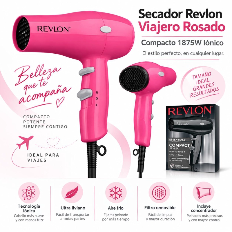 SECADOR DE CABELLO REVLON 1850 W DR5260 IONIC ROSADO ULTRA COMPACTO - 5