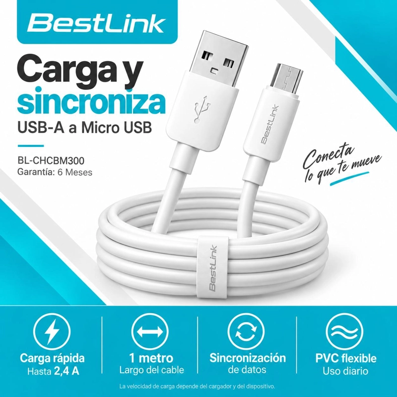 CABLE DE DATOS FUJITEL MICRO USB 1MT BLANCO USBMICRO01B - 7