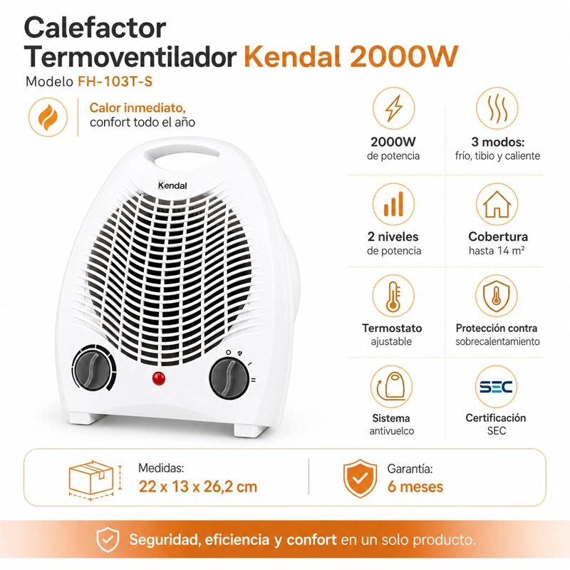 CALEFACTOR KENDAL 2000W FH-103T TERMOVENTILADOR HASTA 14M2 - 9
