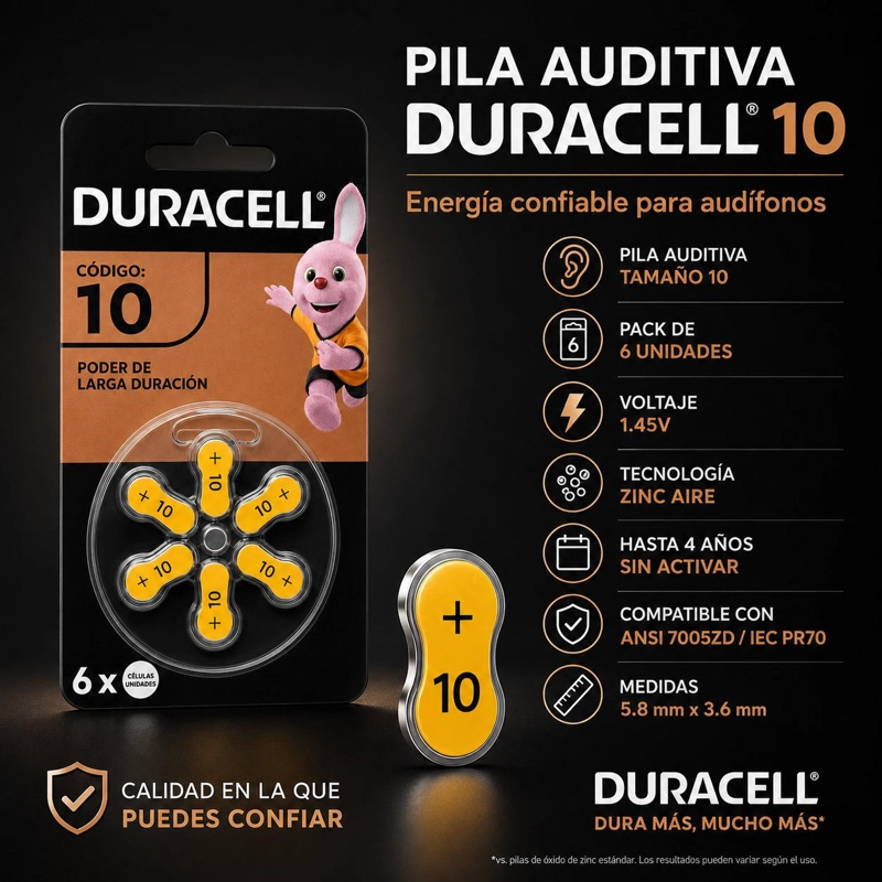 PILA DURACELL 10 AUDITIVA PACK DE 6U 1.45V LARGA DURACIÓN - 6