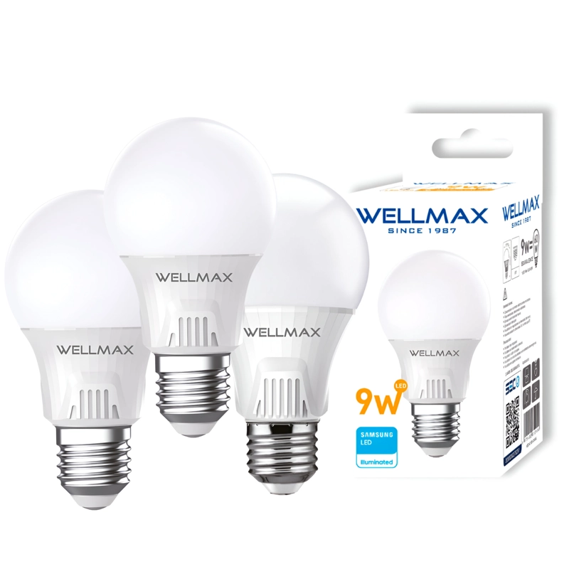 PACK OEM BALLET A60 9 W C DE 3 AMPOLLETAS WELLMAX E-27 9 W LUZ CALIDA LED SAMSUNG - 1