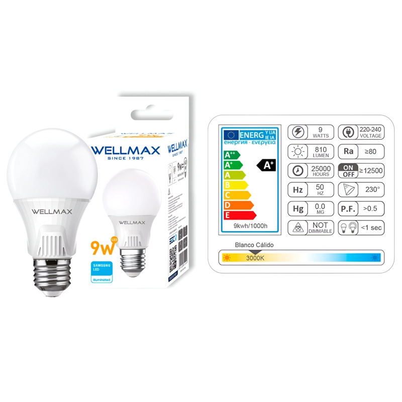 PACK OEM BALLET A60 9 W C DE 3 AMPOLLETAS WELLMAX E-27 9 W LUZ CALIDA LED SAMSUNG - 5