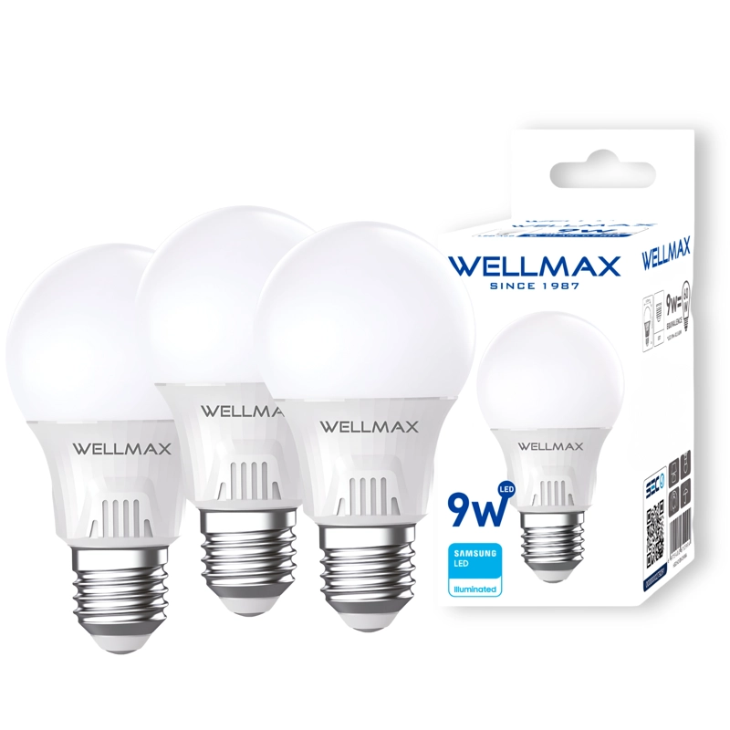 PACK OEM BALLET A60 9 W F DE 3 AMPOLLETAS WELLMAX E-27 9 W LUZ FRIA LED SAMSUNG - 1