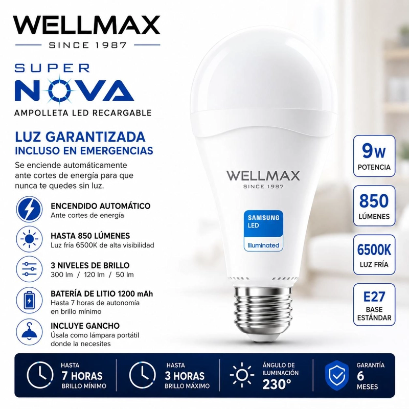 AMPOLLETA LED RECARGABLE DE EMERGENCIA WELLMAX SUPER NOVA 9W - 8